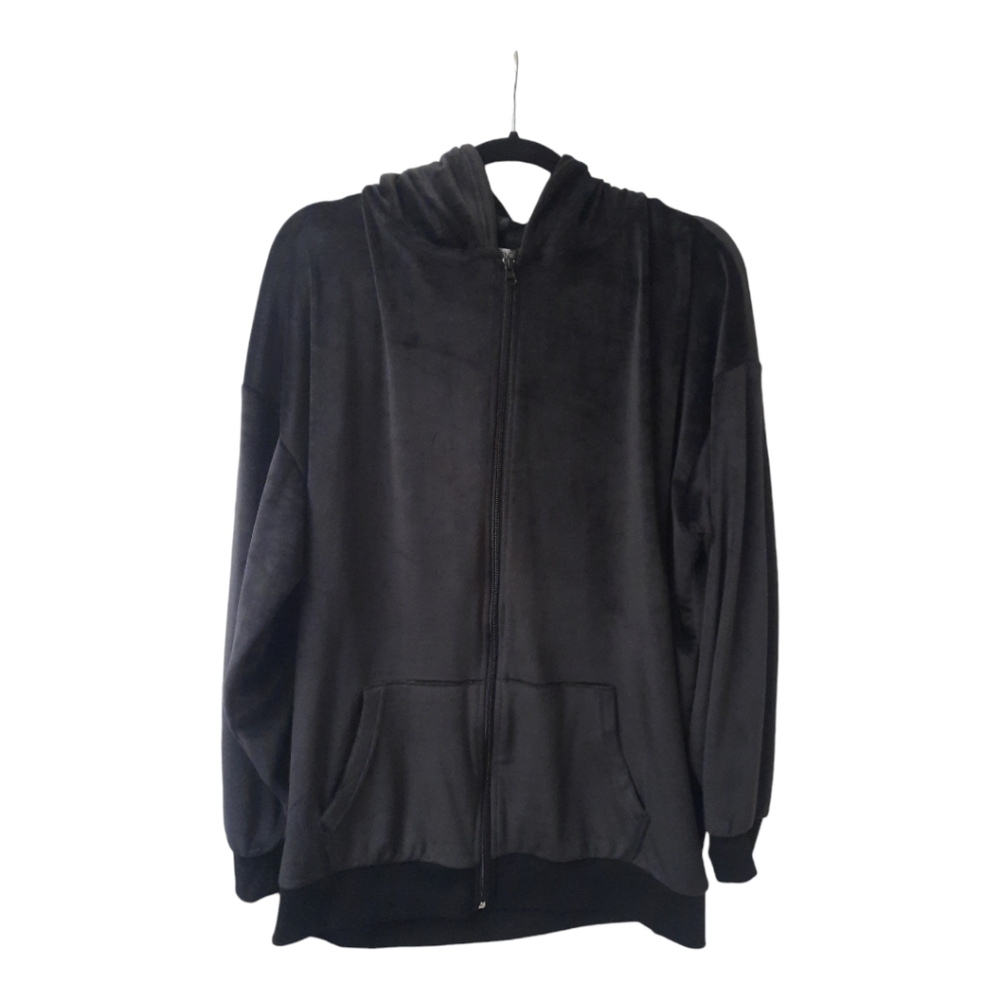New Black Full Zip Velvety Soft Velour Womens Hooded Long Sleeve Size L-XL